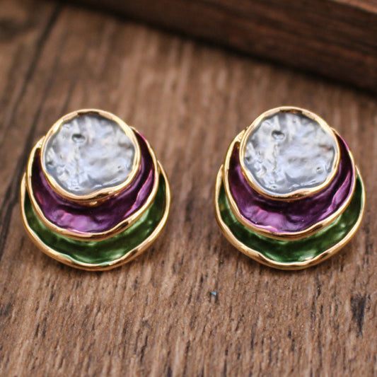 Three-colored Painting Round Earrings