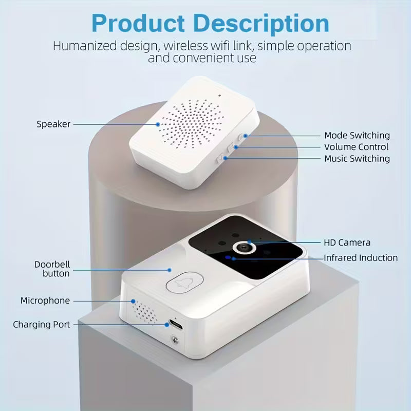Wireless Smart Doorbell with HD Camera – 2-Way Call, Photo/Recording & Night Vision